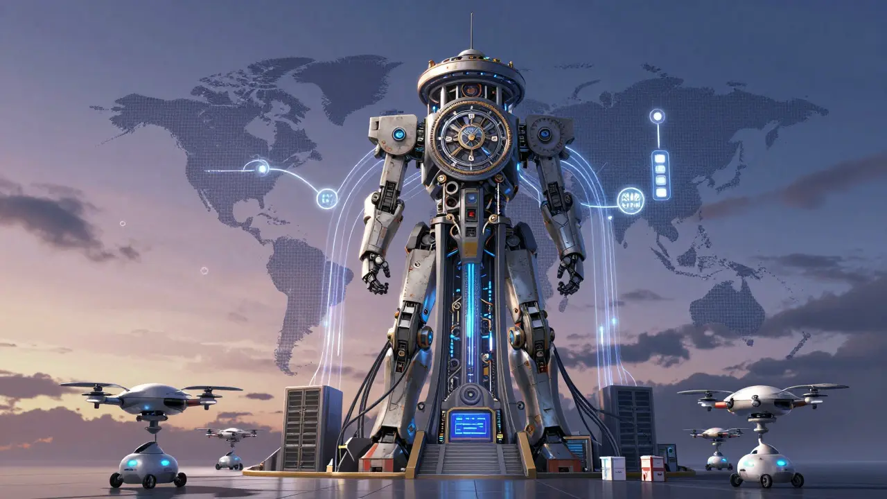 Mecha-style server tower connected by glowing data cables