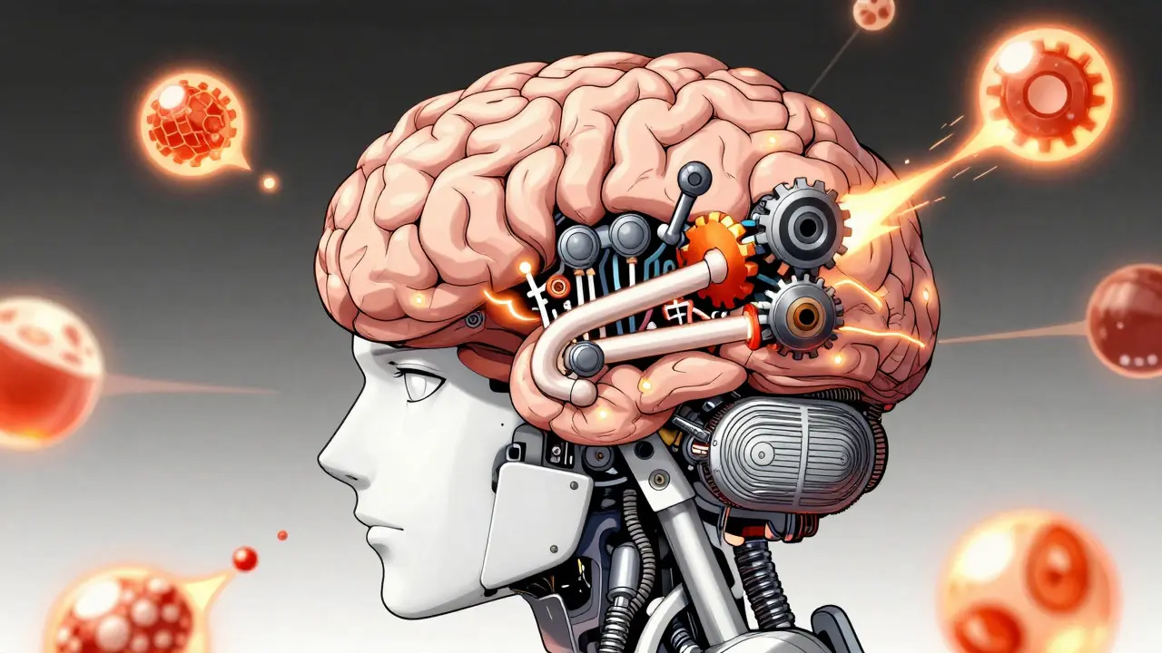 Mechanical brain illustration showing blocked receptors and cravings