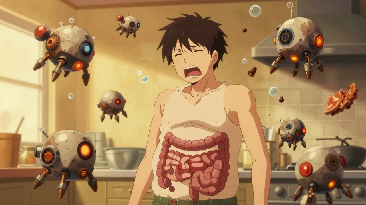Mechanical drones symbolizing gas and bloating around a distressed person