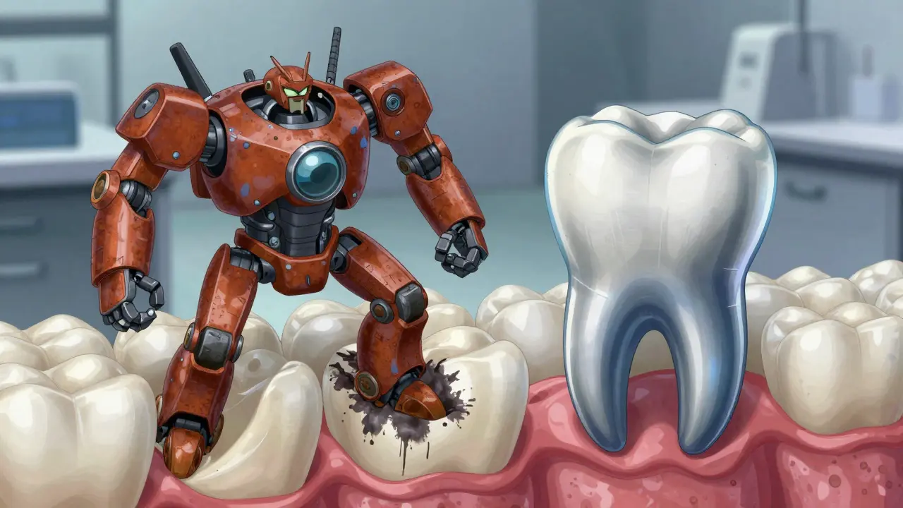 Microscopic view comparing tetracycline and doxycycline binding to teeth