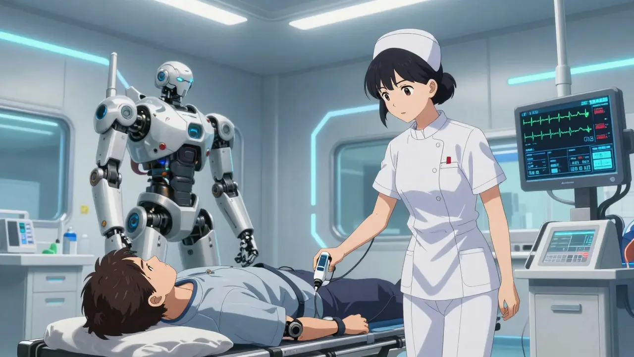 Nurse performing an ECG test on a patient in a futuristic hospital