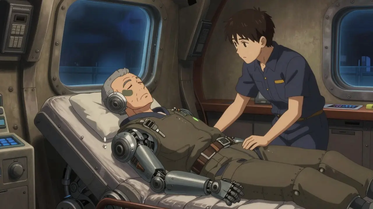 Older adult resting safely in a ship cabin after removing a medication patch