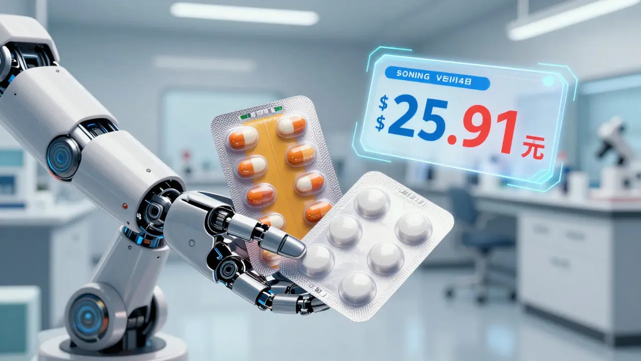 Robot arm comparing branded and generic antibiotic packets visually