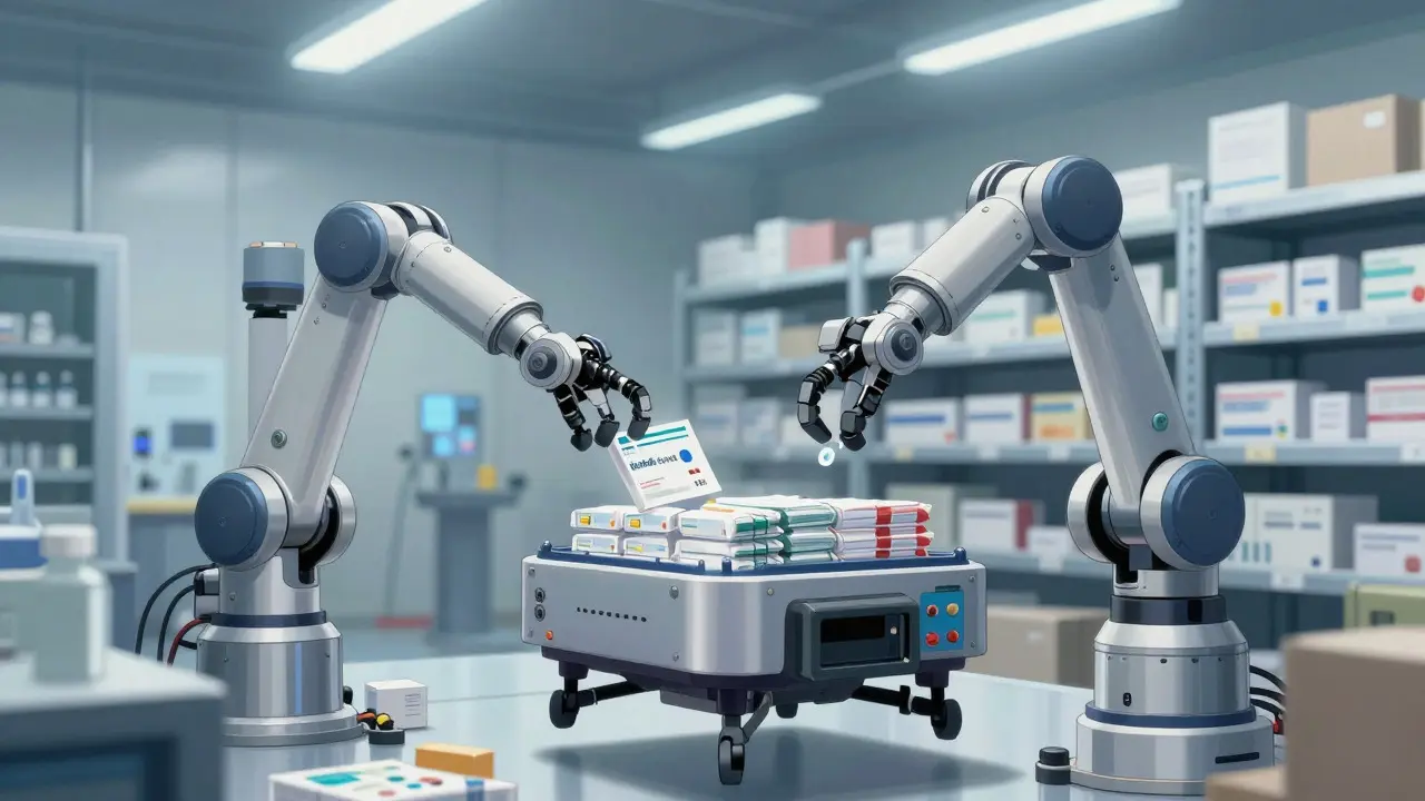 Robotic drones handling medication packages in a tech warehouse