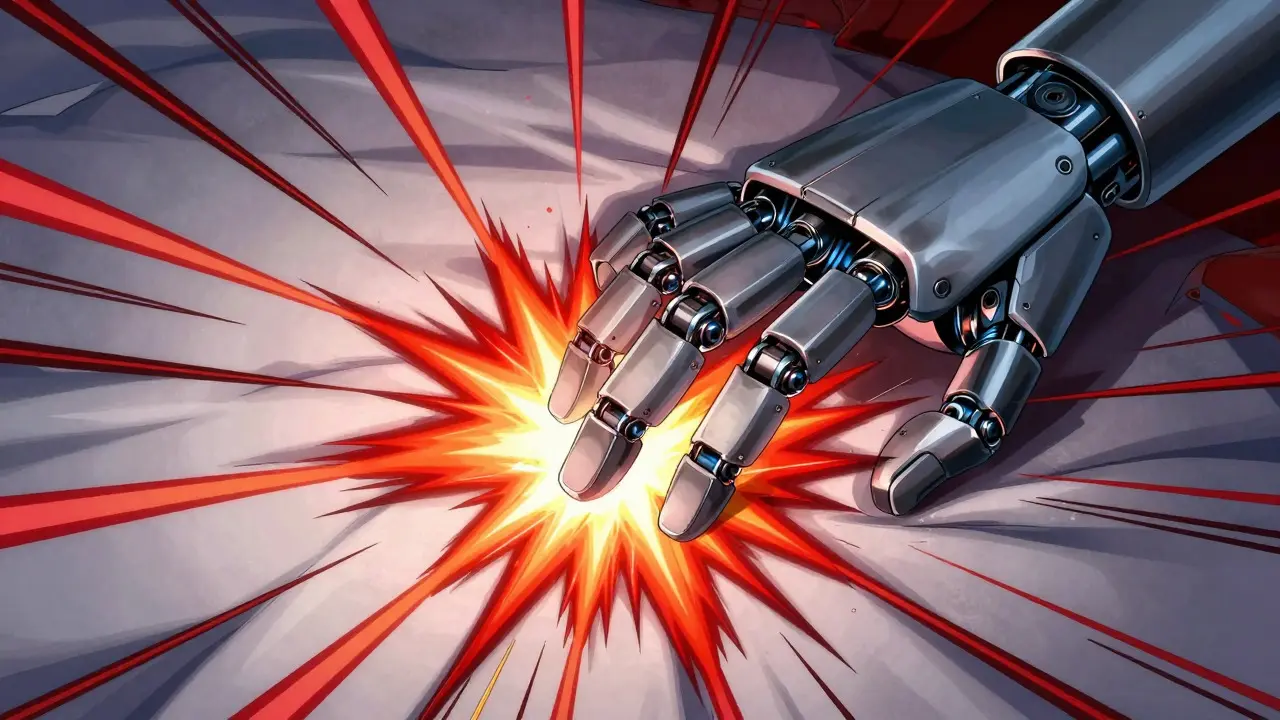 Robotic hand reacting with energy sparks to a gentle touch in manga style