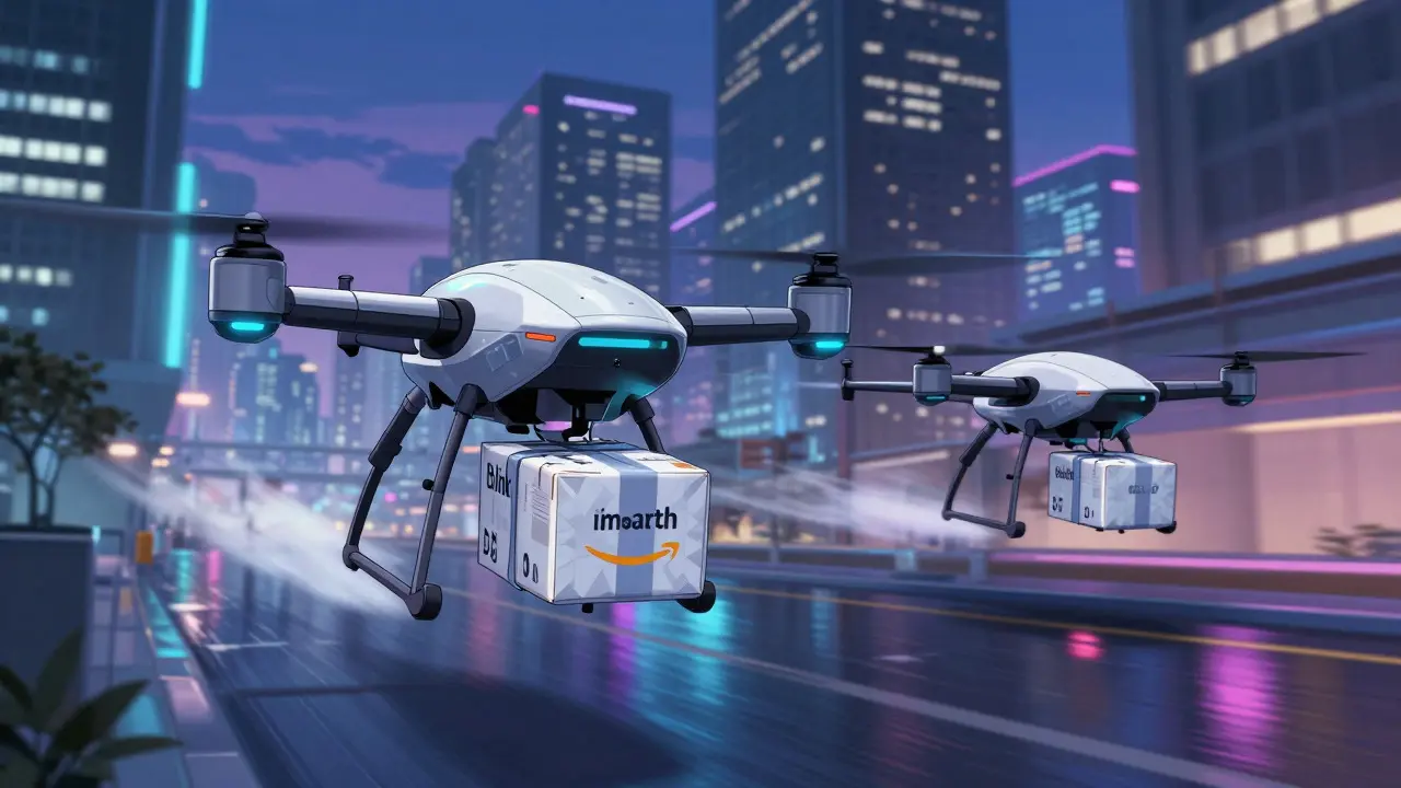 Two delivery drones carrying medicine packages in a neon-lit city